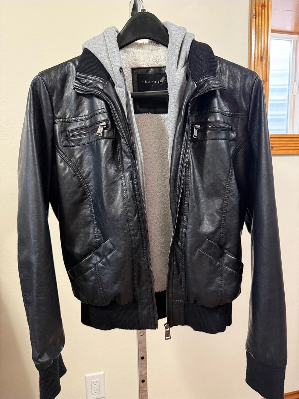 therapy Black Faux Leather like Jacket with Gray Hoodie Liner